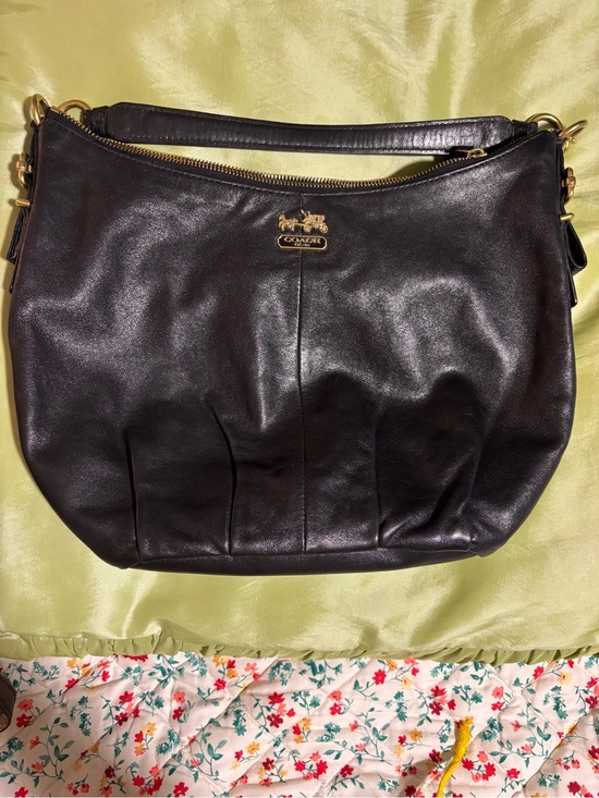 Coach Black Leather Hobo Shoulder Bag with Gold Accents